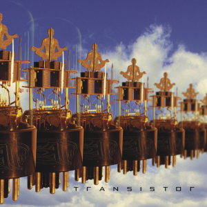 311 album cover. Several transistors lined up on a cloudy sky background. the word Transistor is displayed at the bottom right corner.