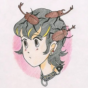 Kabutomushi EP cover. A colored pencil drawing of a girl with shoulder length black hear, wearing several earrings and a chain necklace. There are three brown heracles beetles crawling on her head.