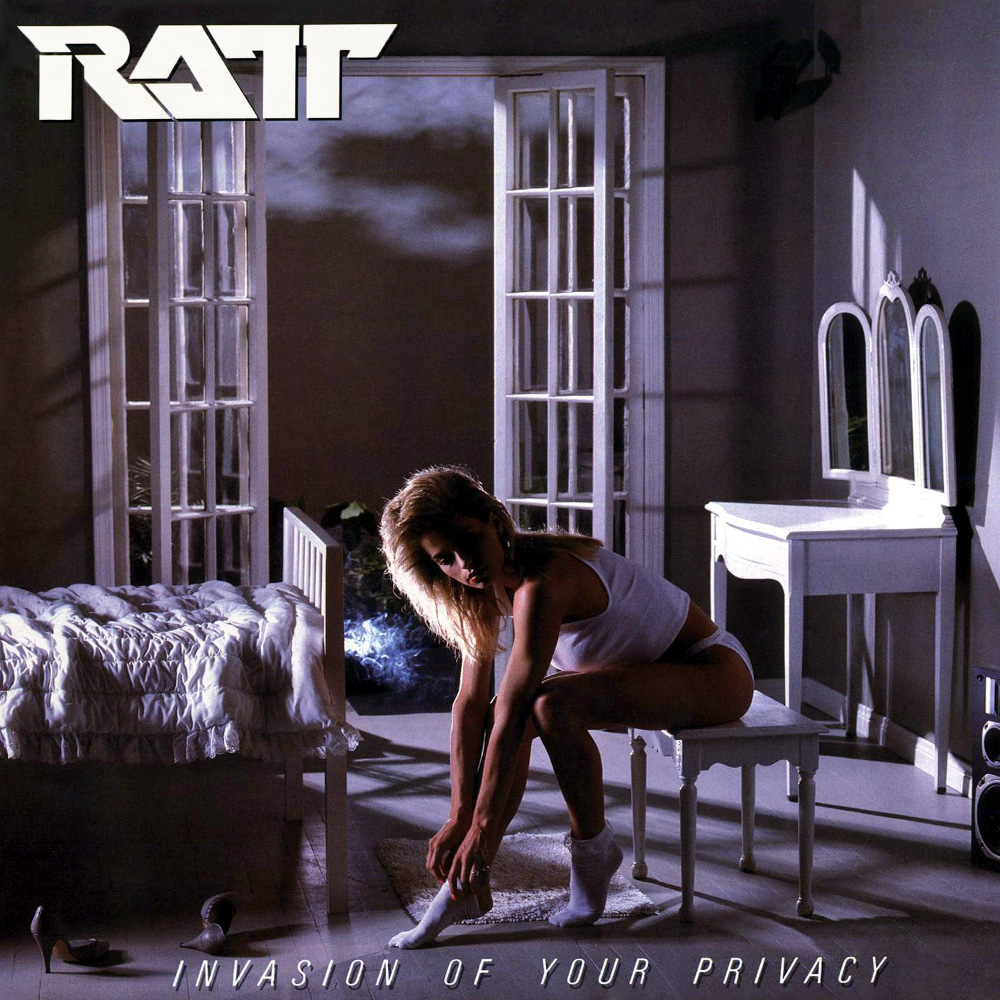 Invasion of your Privacy album cover. Woman sitting on a chair in a mainly white and gray bedroom bending down to put socks on. The word Ratt and Invasion of Your Privacy are at the top and bottom of the frame