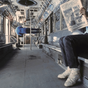 Only God was Above Us album cover. Man sitting on an old subway car reading a newspaper that says Only God Was Above Us. There is a man walking along the wall, away from the first man.
