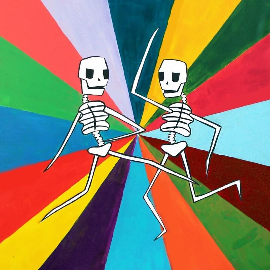 Ulfilas' Alphabet album cover. Two cartoon skeletons in the center of the frame dancing in front of a colored background.