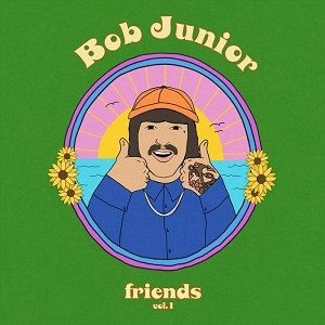 Friends Vol. 1 album cover. Green background with a medium sized frame in the center, with a cartoon rendition of Bob Junior holding both thumbs up at the camera.