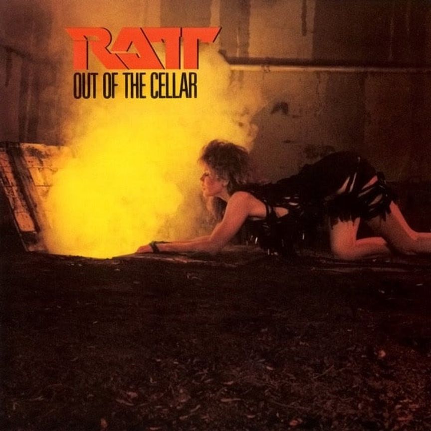 Out of the Cellar album Cover. Woman dressed in an all black dress crawling torwards a bright yellow smoke plume. Ratt and Out of the Cellar appear above the smoke at the top left of the frame.