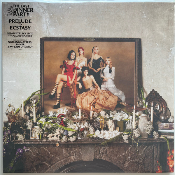 Prelude to Ecstasy album cover. An ornate fireplace is draped with flowers and vines, atop it sits a framed portrait of the TLDP members.