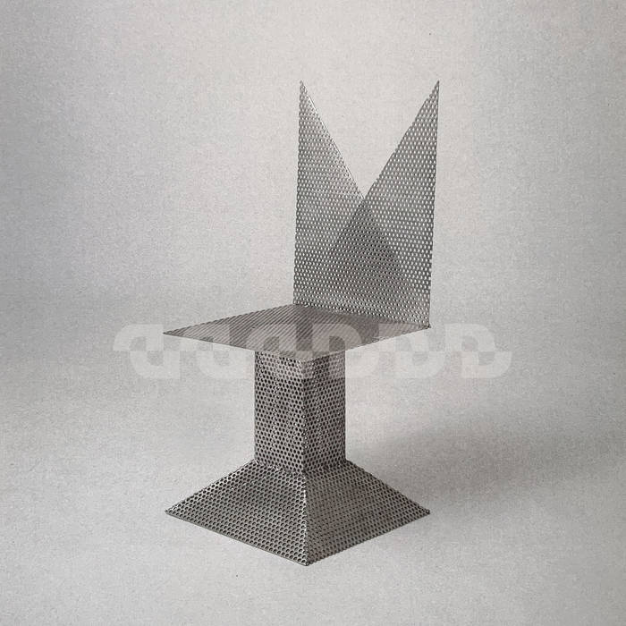Angeltape album cover. A white room empty except for a chainmail chair positioned in the center of the room.
