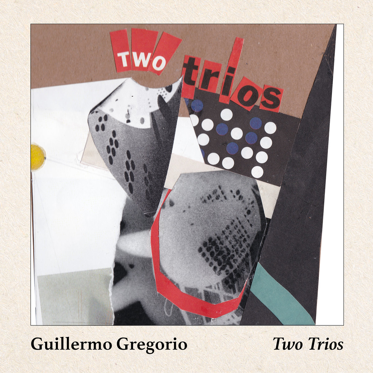 Two Trios album cover. a collage of black, gray, and brown scraps with the words Two Trios centered in the frame with black and red lettering. The album title and band name are also displayed at the bottom of the frame.