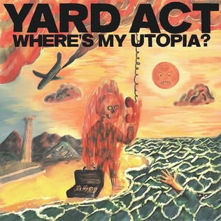 Where's My Utopia album cover. A cartoon depiction of a beach with a large skeleton man on fire, staring at the ocean. The words Yard Act and Where's My Utopia are centered at the top of the frame.